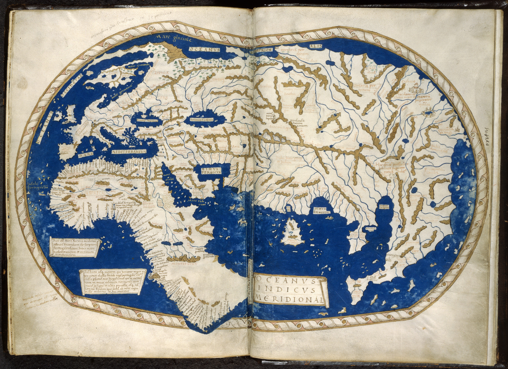 Hand-coloured world map across two manuscript pages, showing Europe, Africa and Asia with blue seas, gold-brown mountains and a sea passage around the southern tip of Africa.